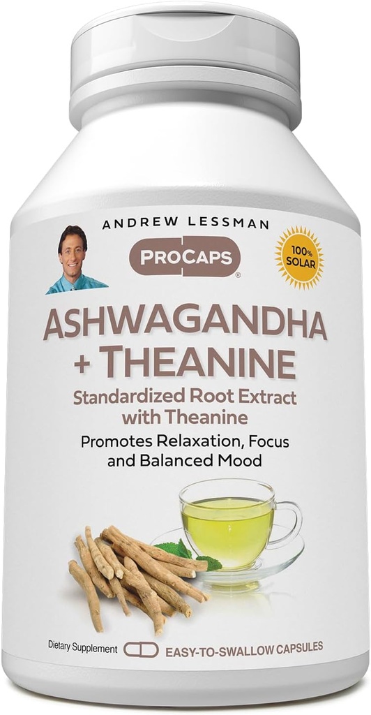 ANDREW LESSMAN Ashwagandha + Theanine 60 Κάψουλες - Τυποποιημένο εκχύλισμα. Προωθεί την χαλάρωση, την εστίαση και την ισορροπημένη διάθεση. Μικρά Εύκολα Καταπιείτε Καψάκια