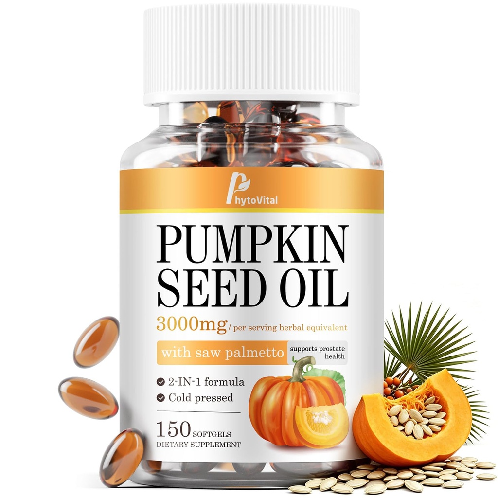 Pumpkin Seed Oil with Saw Palmetto Capsules, 3000mg Max Strength | Cold‑Pressed Virgin Oil, Essential Fatty Acids & Phytosterols, DHT Blocker & Hair Support for Men & Women, 150 Count(1 Pack)