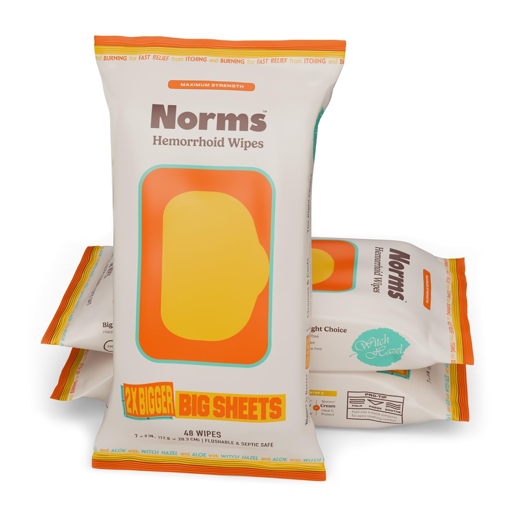Norms Big Sheets XL Hemorrhoid Wipes, Witch Hazel, Flushable, 48ct 3-Pack | At 7 by 8 inches, nearly twice the size of standard wipes, great postpartum compress, flushable, septic safe.