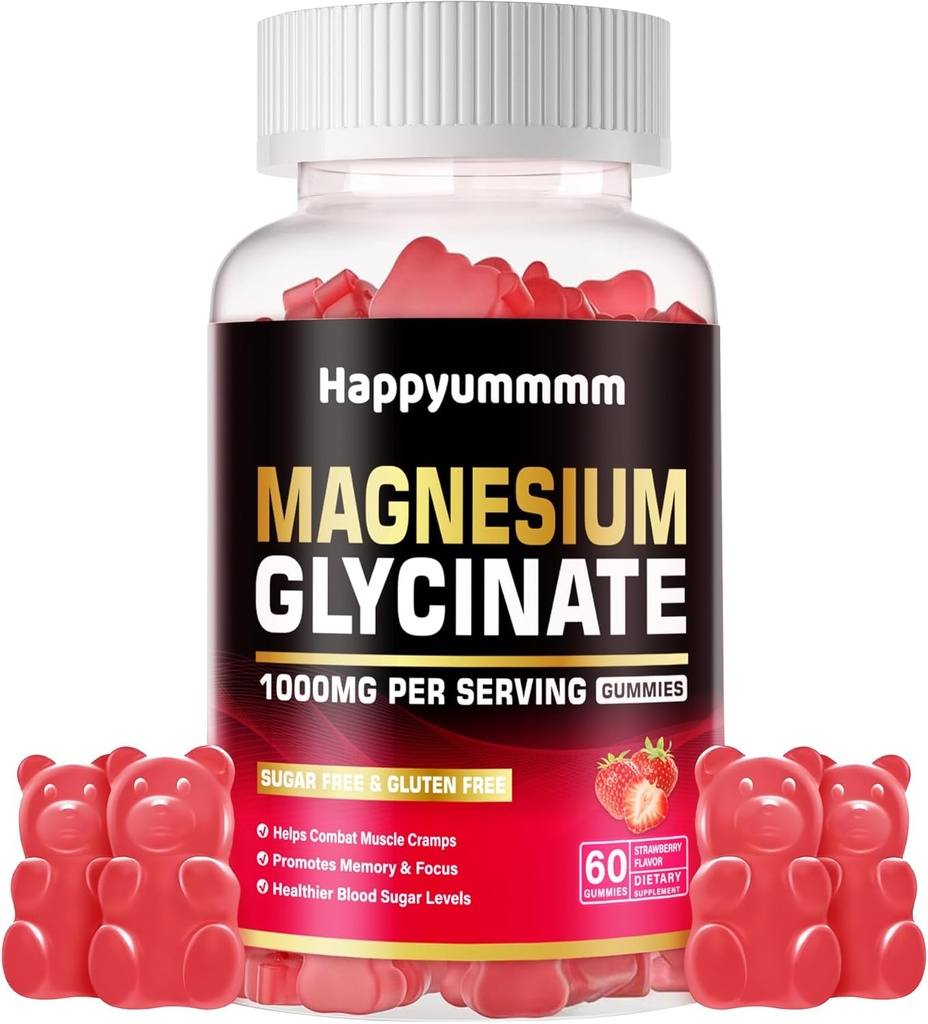 Μαγνήσιο Γλυκινικό Gummies 1000mg - Συμπλήρωμα χωρίς ζάχαρη Μαγνήσιο Κάλιο με βιταμίνη D, B6, CoQ10 για υποστήριξη ηρεμίας & ύπνου - 60 Gummies Φράουλα.