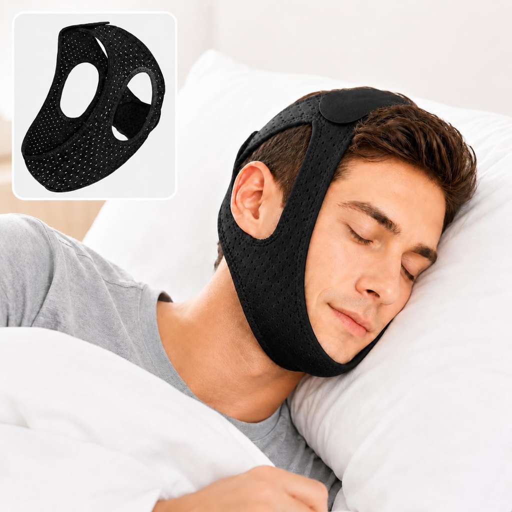Anti Snoring Chin Strap for Sleeping, Adjustable Breathable Sleep Support with Secure Fit, Soft Comfortable Jaw Support Strap for Men & Women, Stays in Place for Quiet Restful Sleep