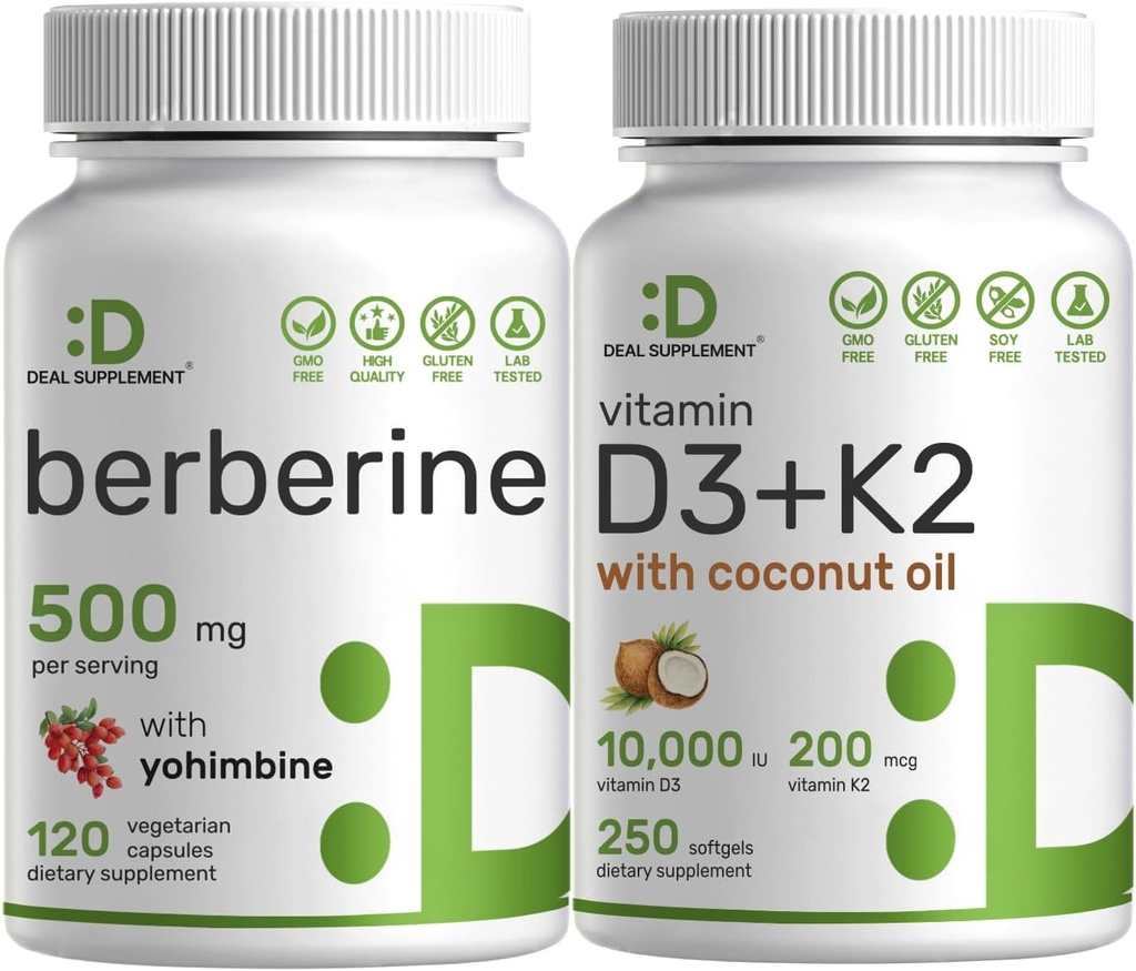 ΛΕΠΤΟΜΕΡΗΣ ΣΥΜΠΛΗΡΩΜΑ Βιταμίνη D3 10.000iu + K2 200mcg Softgels & Berberine Supplement with Yohimbine Bundle – Essential Sunshine Vitamins with Coconut Oil – Hydrochloride HCl Υψηλής Απορρόφησης