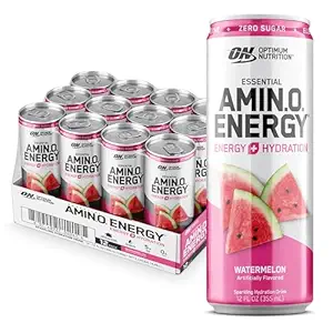 Optimum Nutrition Amino Energy Sparkling Hydration Drink, Electrolytes, Caffeine, Amino Acids, BCAAs, Sugar Free, Watermelon, 12 Fl Oz, 12 Pack (Packaging May Vary)