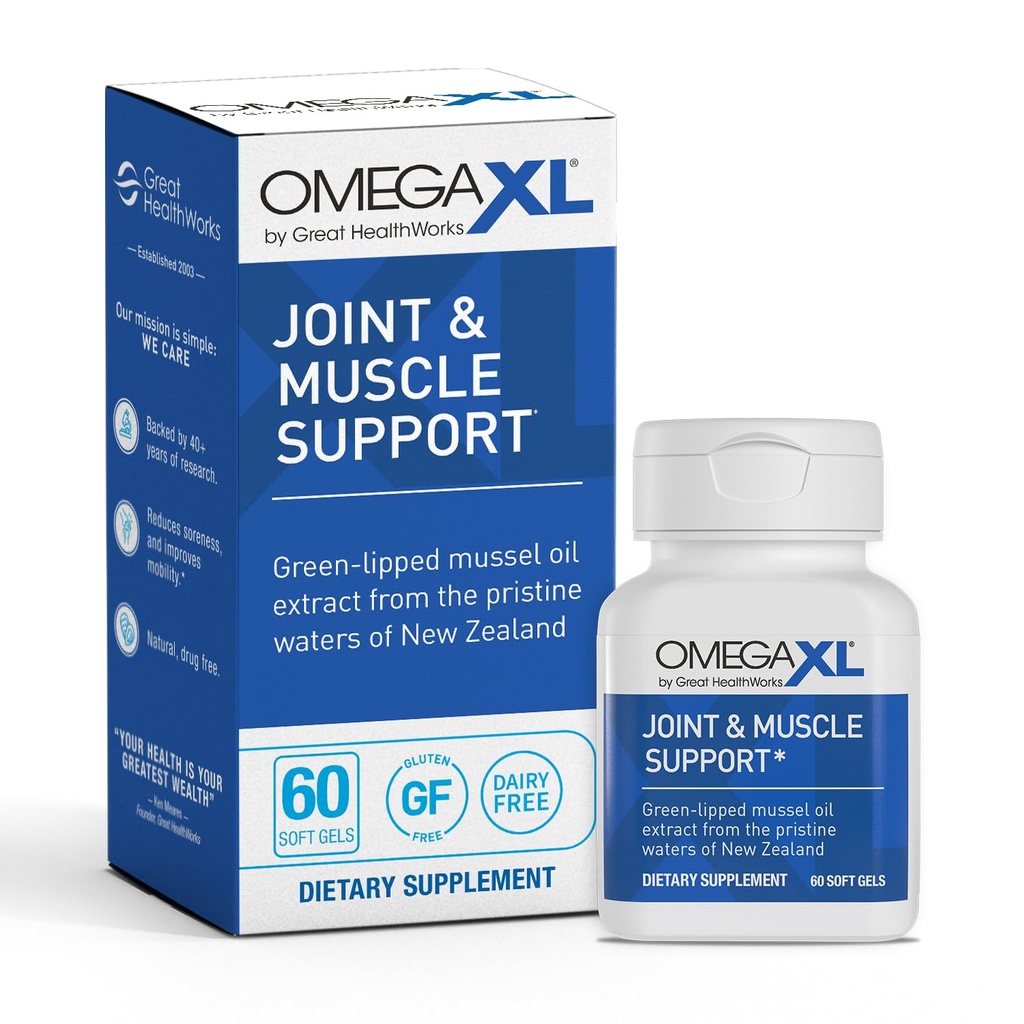 OmegaXL Joint Support Supplement, for Relief - Natural Muscle Support, Green Lipped Mussel Oil, Soft Gel Pills, Drug-Free, 60 Count