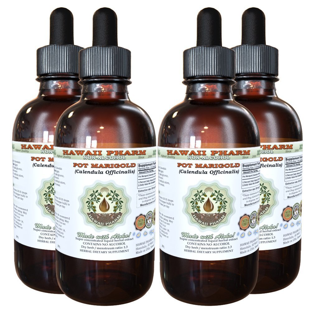 Hawaii Pharm Pot Marigold Alcohol-Free Liquid Extract, Pot Marigold (Calendula Officinalis) Dried Flower Glycerite Natural Herbal Supplement 4x4 fl.oz