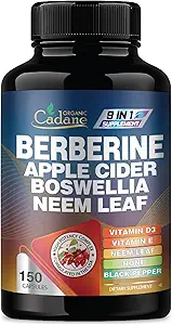 Organic Cadane Berberine Supplement 150 Capsules, with Neem Leaf, Apple Cider Vinegar, VIT D3, E & More - Berberine Extract - Support for Immune System, Digestion & Overall Health
