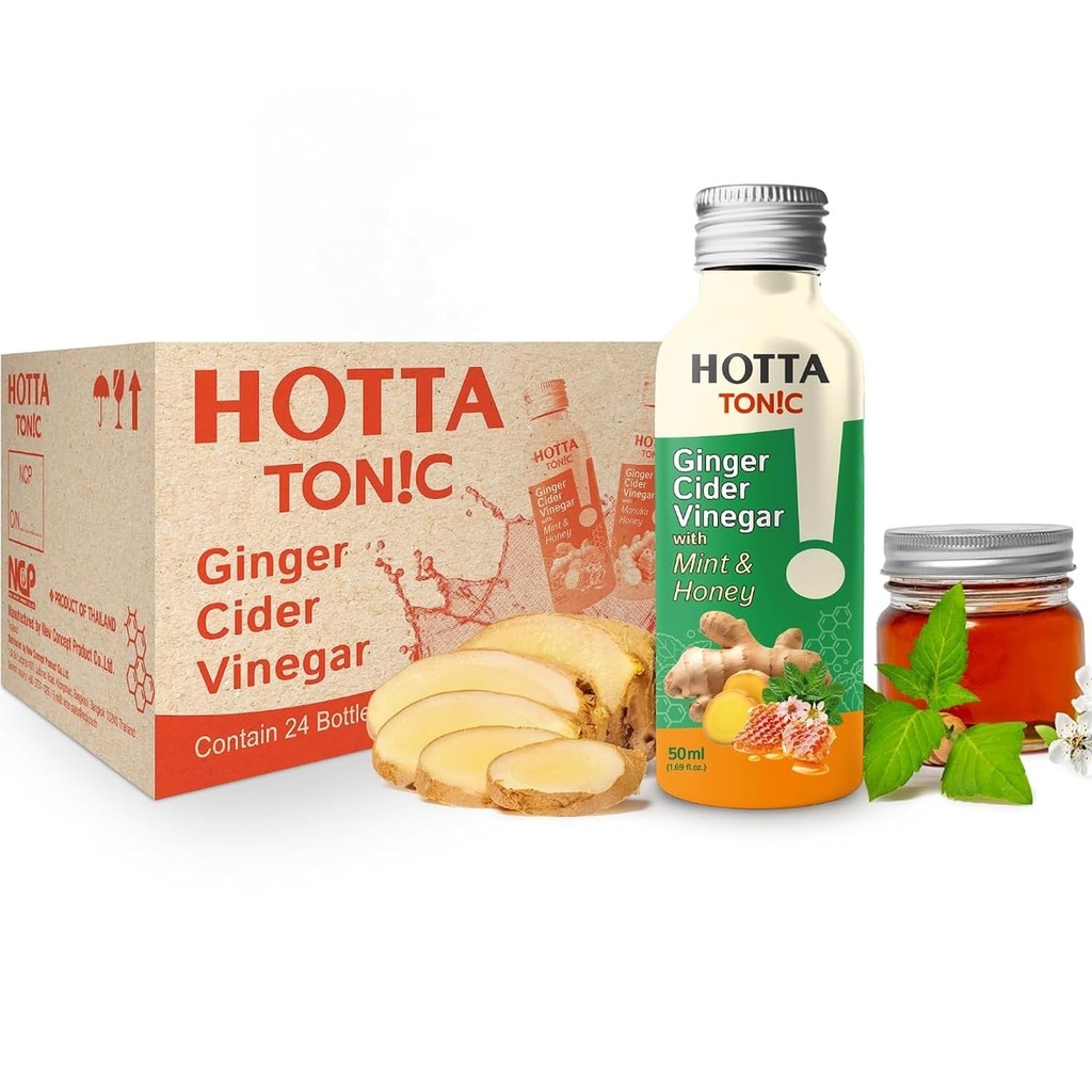 HOTTA Tonic Ginger Cider Vinegar Shot with Manuka Honey&Mint | Fermented Ginger Wellness Shot | Refreshing Ready-to-Drink Daily Digestive Wellness | 50 ml Bottles (Pack of 24)