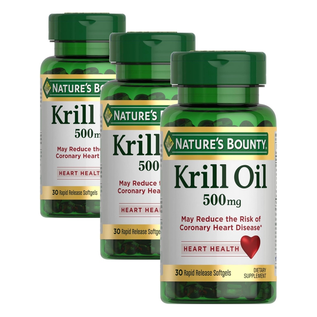Nature's Bounty Krill Oil, Heart Health, Dietary Supplement, 500mg, Rapid Release Softgels, 30 Count (Pack of 3)
