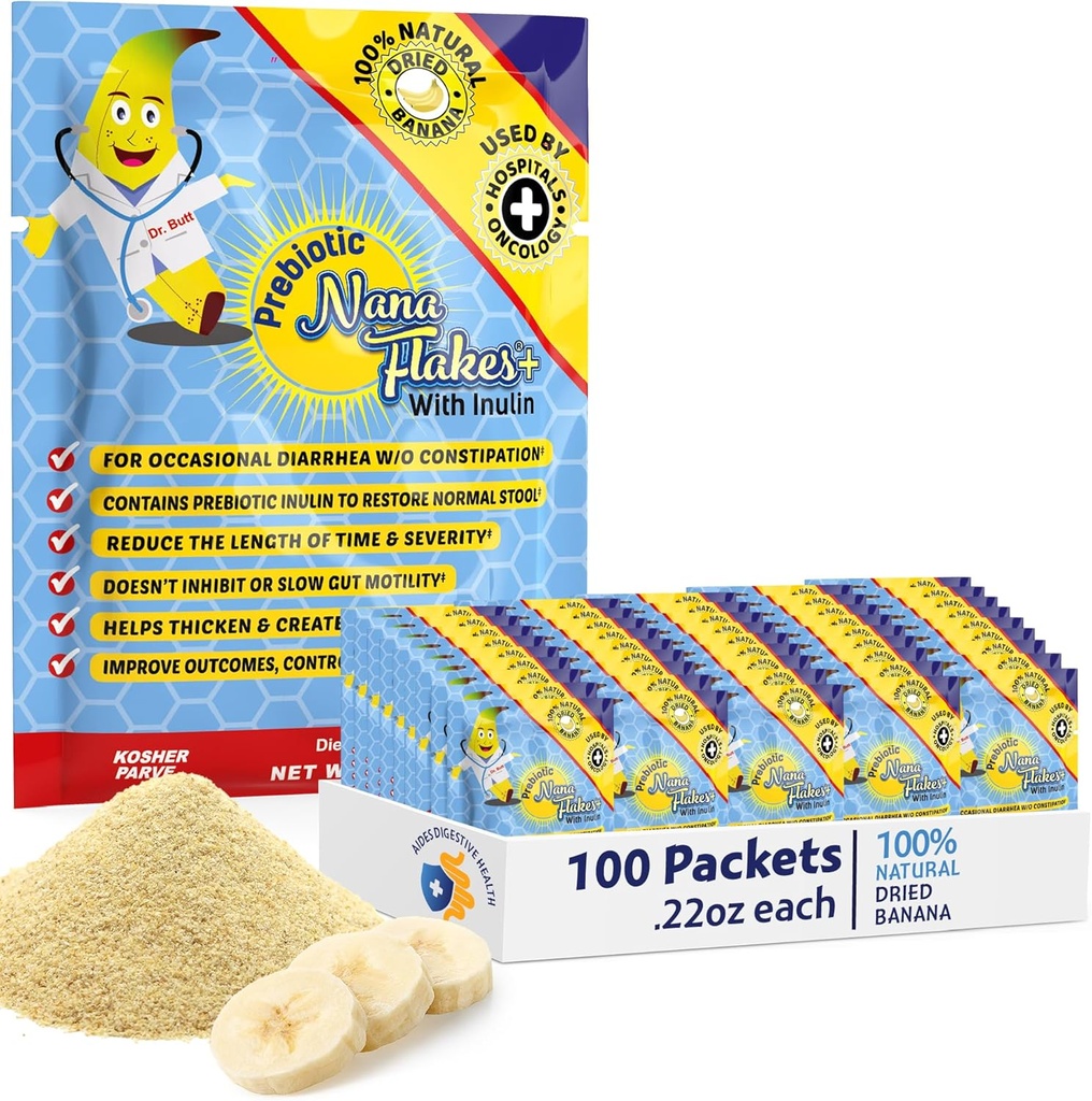 Prebiotic Nana Flakes 100% Αμιγής Μπανάνα Flakes Ιατρική Σκόνη Τροφίμων, Μείωση της Πρόσληψης Λιποθυμίας & Φυσική Θεραπεία για Διάρροια & Έγκαυμα Καρδιάς - Μεγάλη Πηγή Πρωτεΐνης & Ίνες - Ενιαία Σερβίρισμα (100 Πακέτα)