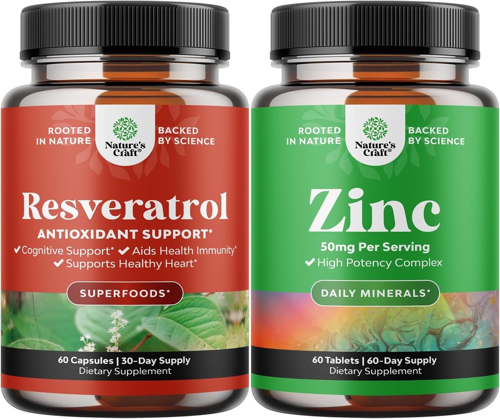 Bundle of Youthful Trans Resveratrol - Resveratrol Capsules with AMPK Activator for Cellular Health & Vitality and Zinc 50mg Immune Support Supplement - Zinc Complex to Enhance Hair Skin & Nails