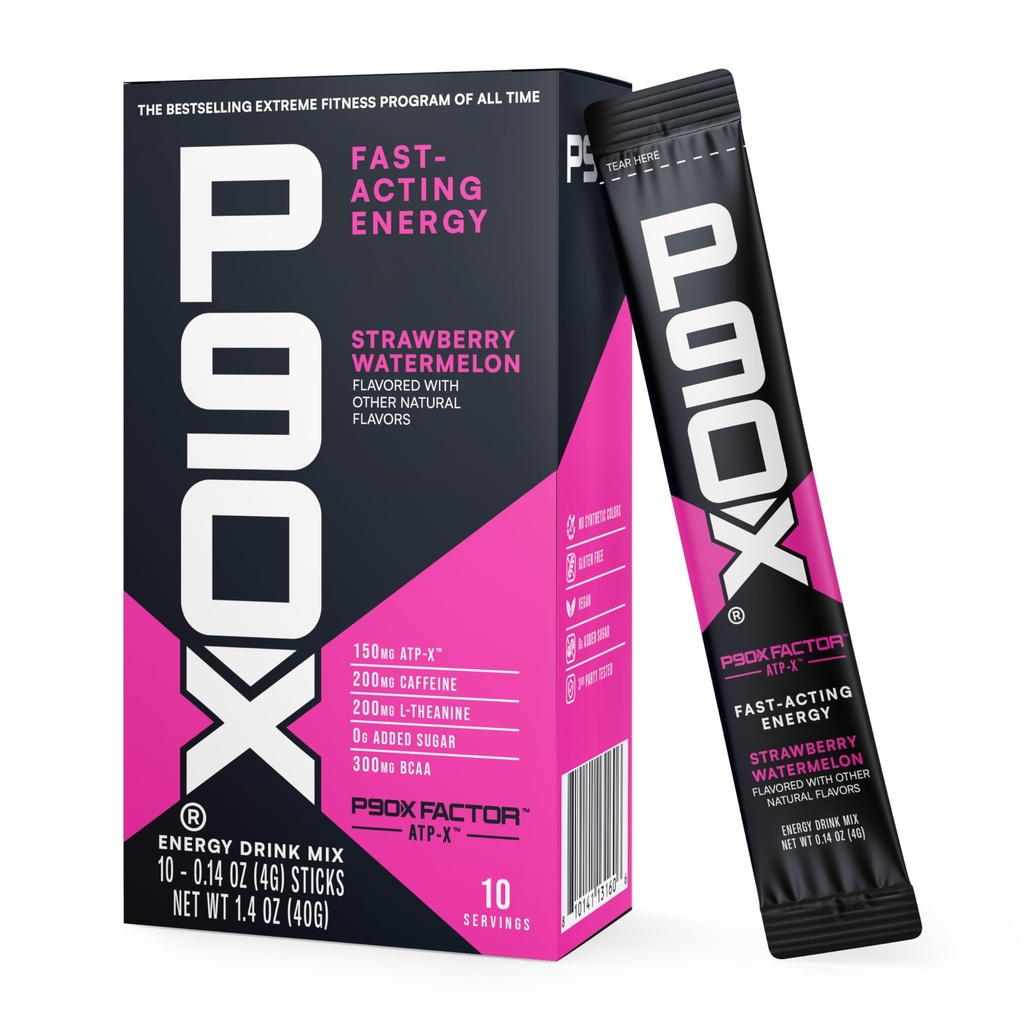 BODi Beachbody P90X Energy Sticks – Fast Acting Energy with 150mg ATP-X, 200mg Caffeine, 200mg L-Theanine & 300mg BCAAs – 0g Added Sugar, Gluten-Free – 10 Servings - Strawberry Watermelon