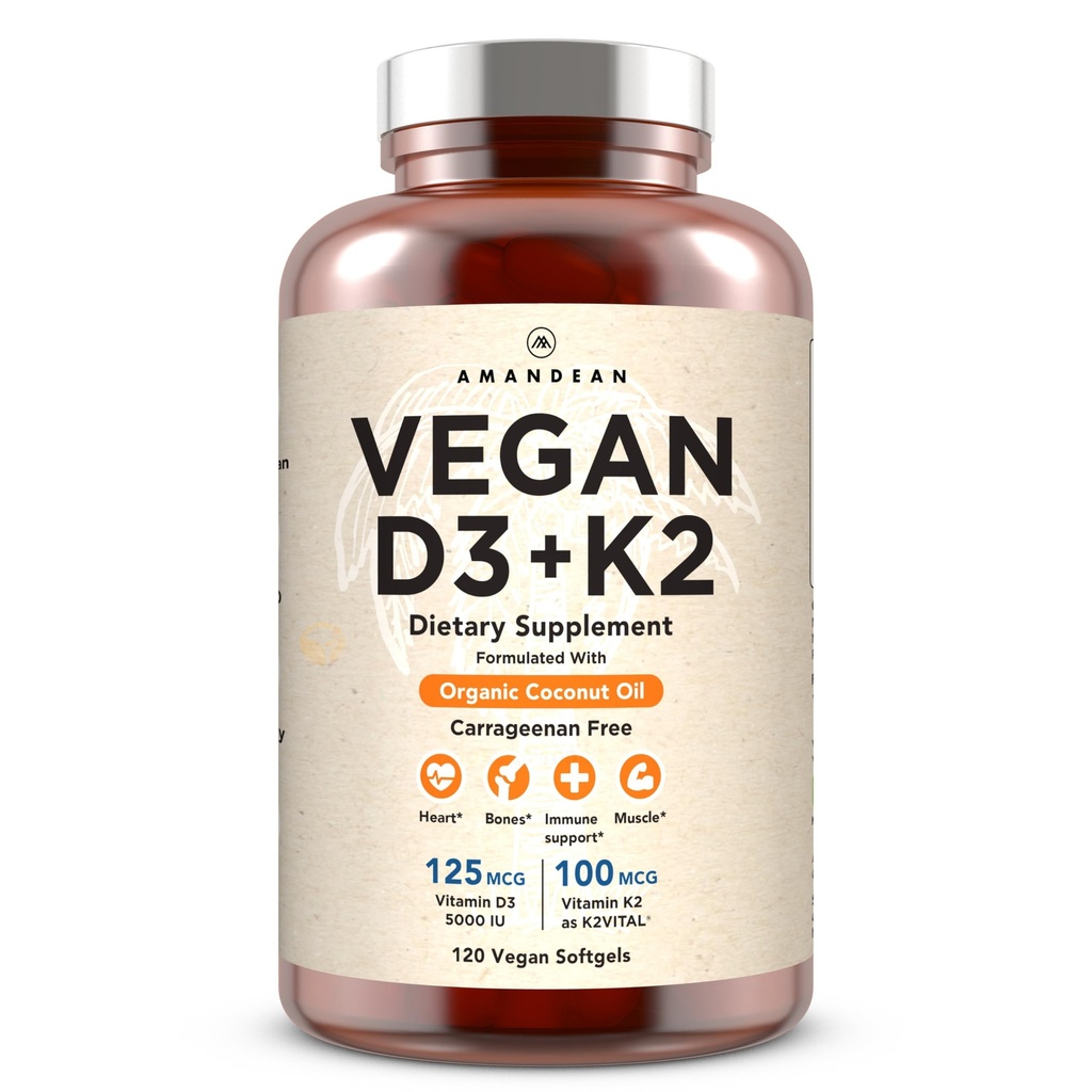 AMANDEAN Vitamin D3 K2. Vegan & Plant-Based 5000iu VIT D from Algae. All-Trans MK-7 K2Vital. 120 Softgels. Carrageenan Free. Organic Coconut Oil Blend. for Mood, Bones, Heart, Immune Health.