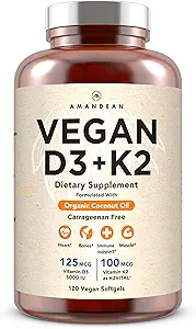 AMANDEAN Βιταμίνη Vegan D3 K2. 5000 eu από την Algae. All-Trans MK-7. 120 Softgels. Μείγμα οργανικού λαδιού καρύδας. για Mood, οστά, καρδιά, ανοσοποιητική υγεία (Packaging May Vary)