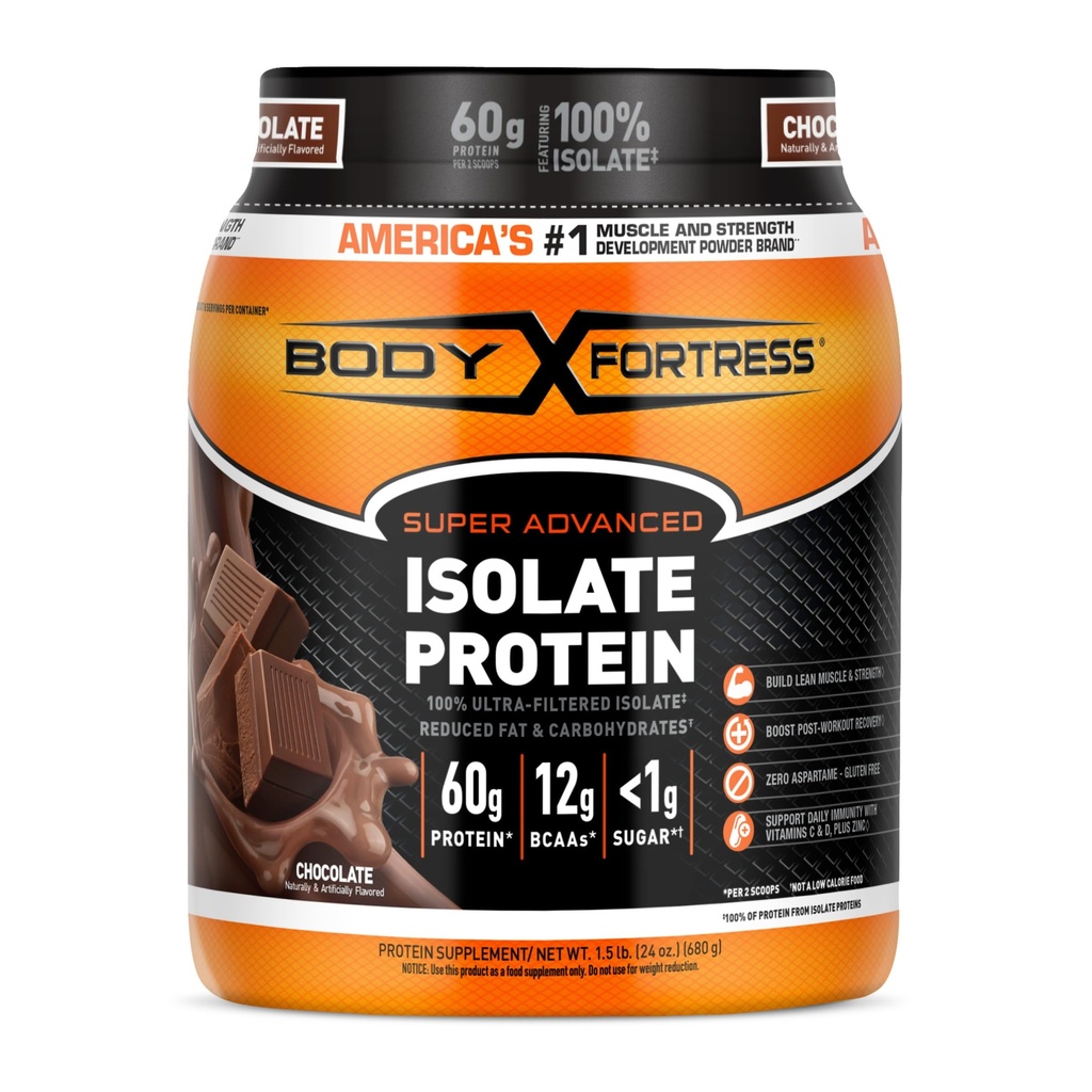 Body Fortress Super Advanced Isolate Protein Powder, Chocolate, Gluten Free | 1.5lbs