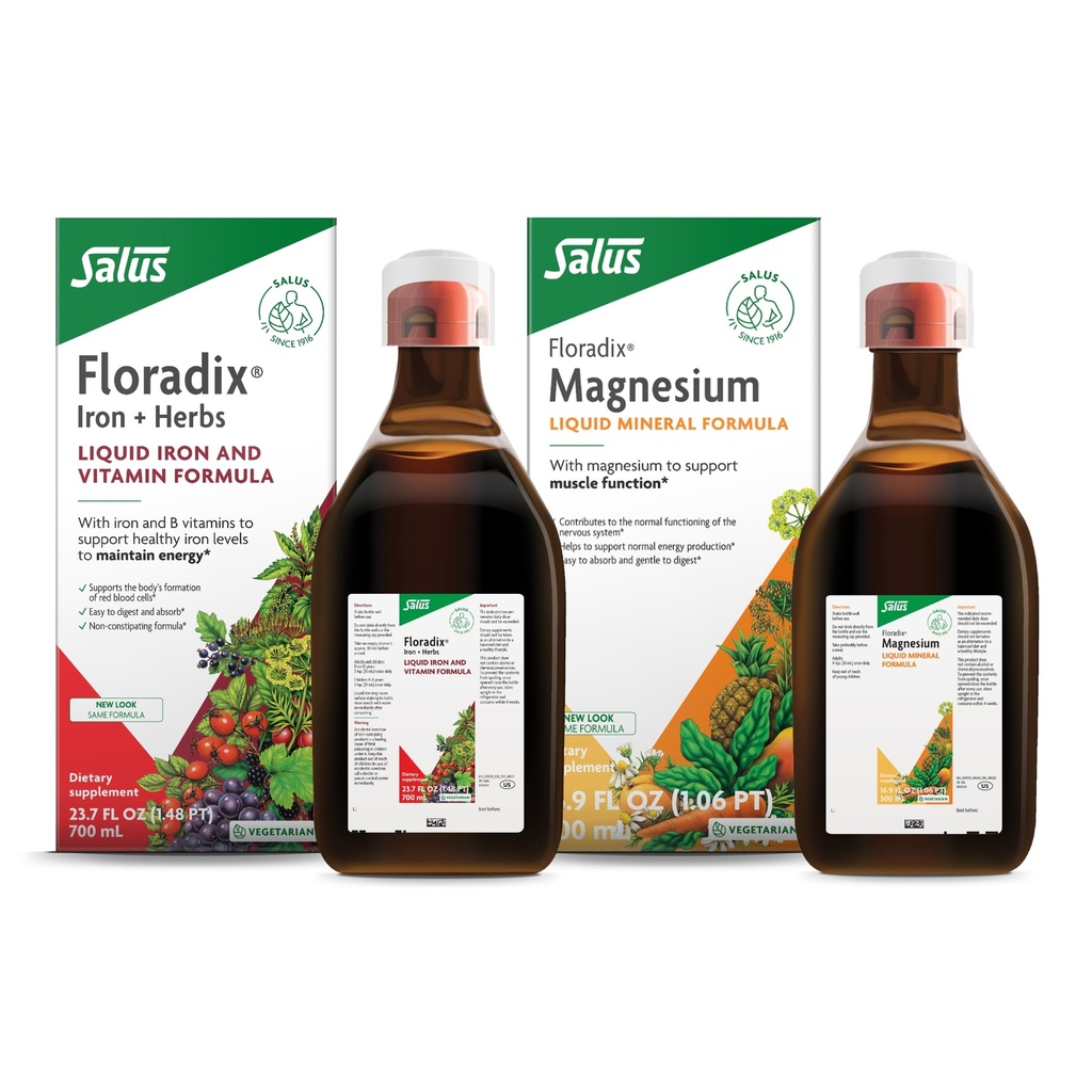 Floradix by Salus Magnesium (16.9 oz) & Iron & Herbs (23.7 oz) Bundle - Magnesium for Bone Support, Digestive Health & More* - Iron Supplement for Healthy Energy Support*