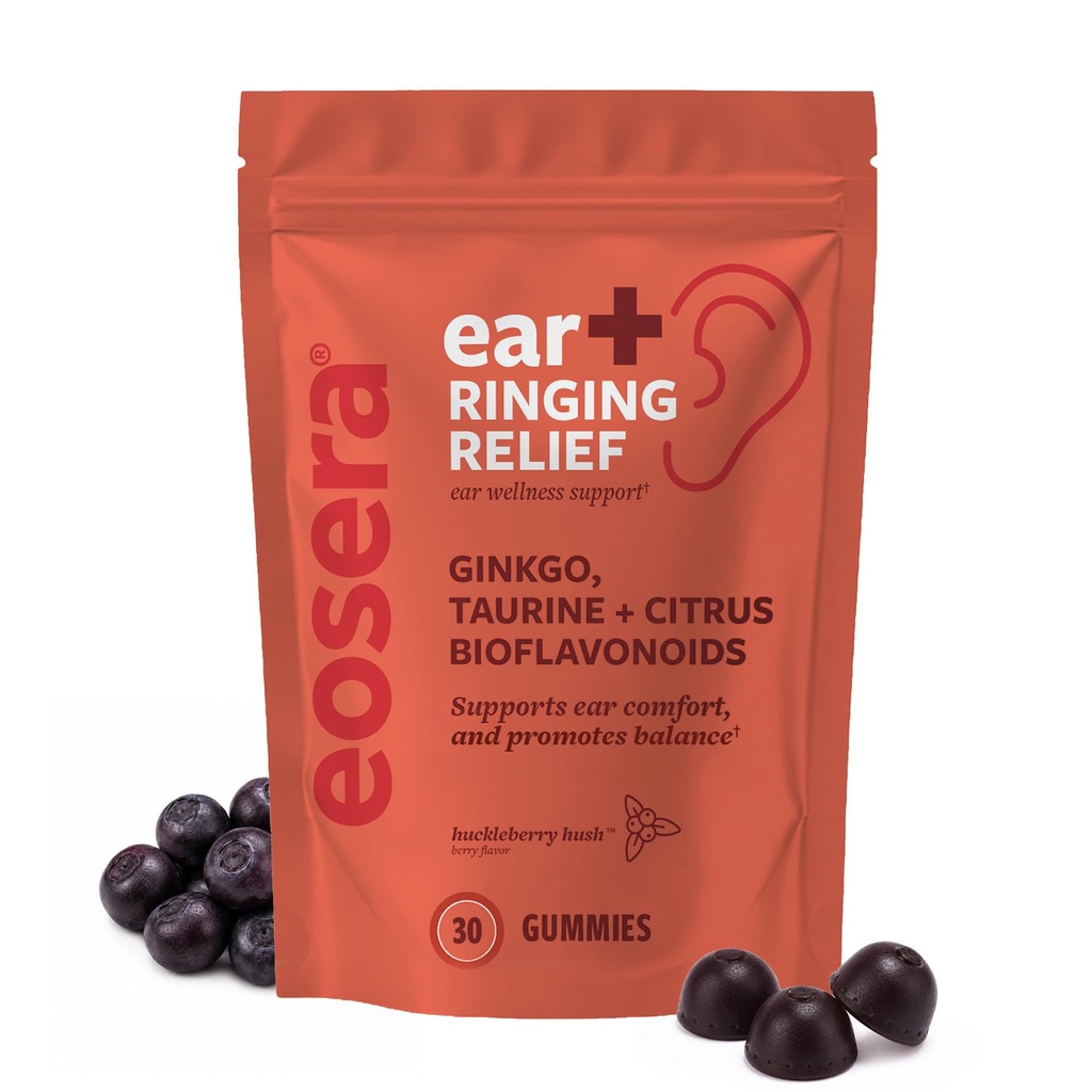 Ear+ Ringing Relief Gummies - 30 Count - Huckleberry Flavor | Daily Ear Health and Ringing Relief Support Supplement with Ginkgo, Taurine, and Citrus Bioflavonoids