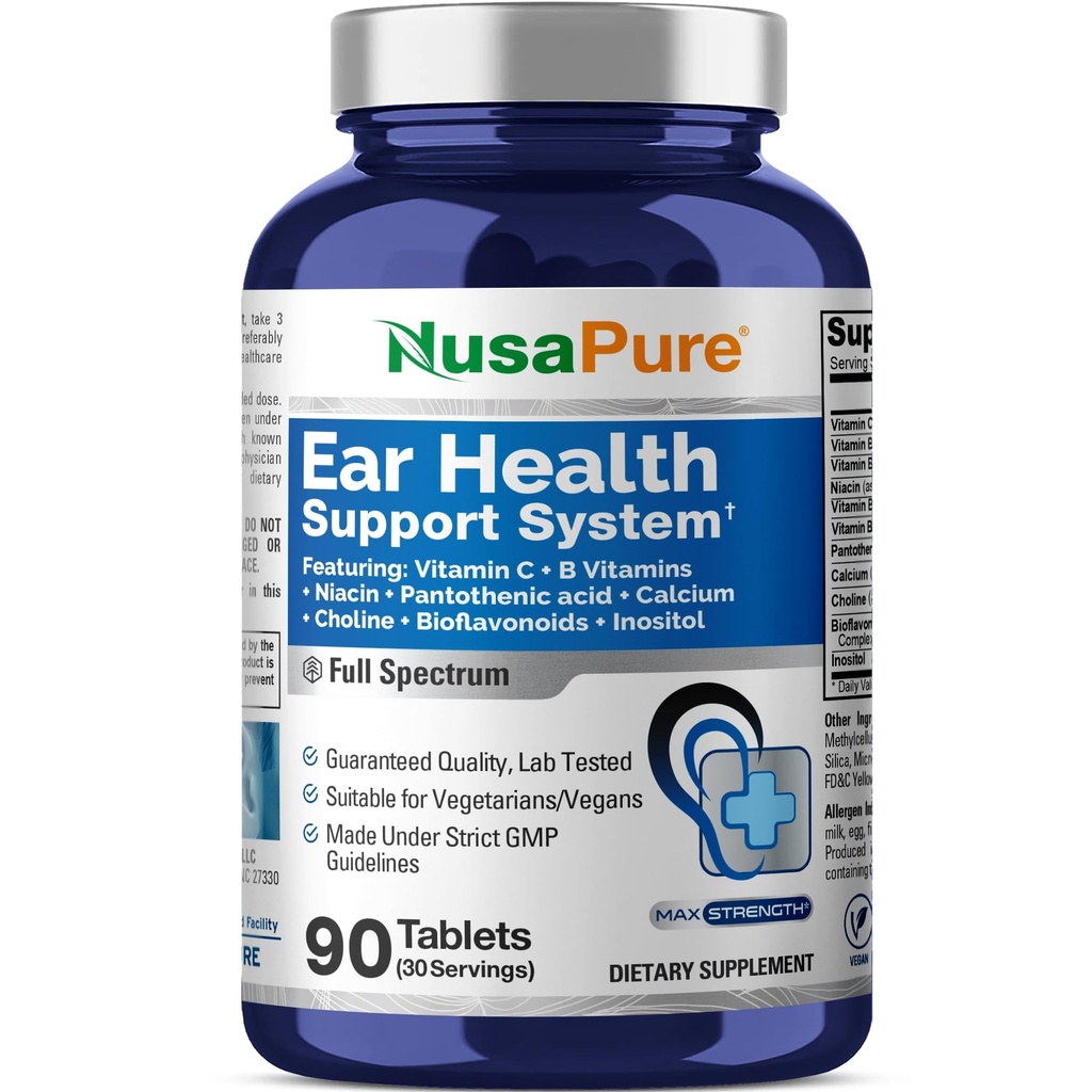Ear Health Support System, GMP Quality, Vegan, 90 Veg Tablets - 30 Servings | Vitamins, Calcium, Bioflavonoids & Inositol, Dietary Supplement Formula, Suitable for Adults, Made in cGMP Facility USA