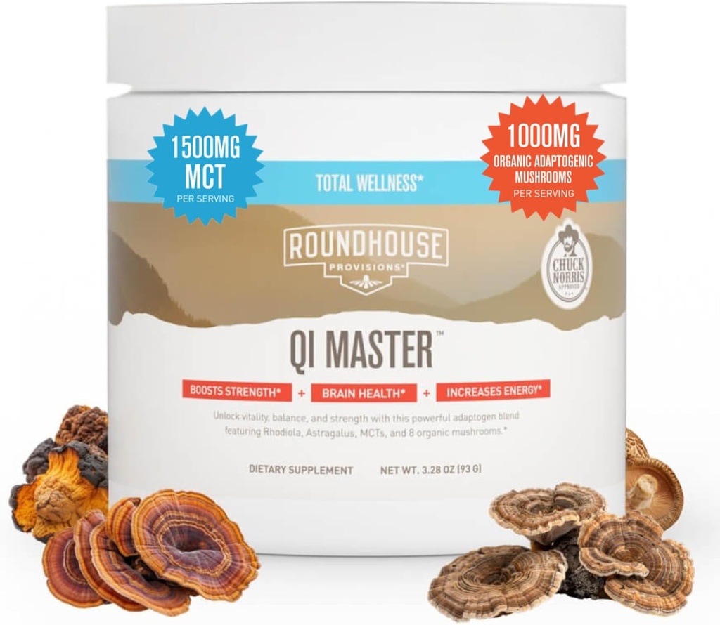 ROUNDHOUSE ΠΑΡΟΧΗ Qi Master Adaptogen Blend, Γήινο άρωμα μανιταριών με ρίζα Astragalus, Rhodiolife Extract, MCT, 8 οργανικά μανιτάρια (30 Scoops) από τον Chuck Norris