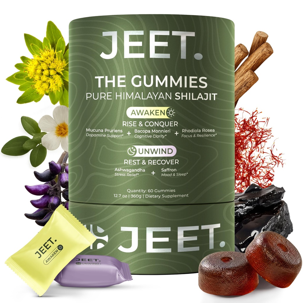 JEET. Himalayan Shilajit Gummies | AM + PM Adaptogen System | Ashwagandha, Rhodiola Rosea, Bacopa Monnieri, Mucuna Pruriens, Saffron | Energy, Focus, Mood and Sleep Support | 820mg | Vegan | 60 Count