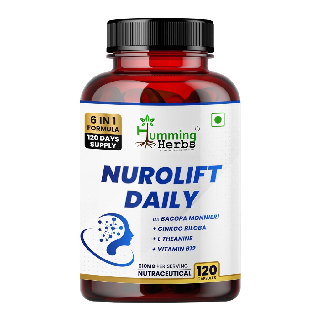 Humming Herbs NUROLIFT Daily — Bacopa Monnieri, Ginkgo Biloba & L-Theanine with Vitamin B12, Folate & Zinc — 610 mg per Serving — 120 Capsules (120 Days) — Cognitive & Calm Focus Support
