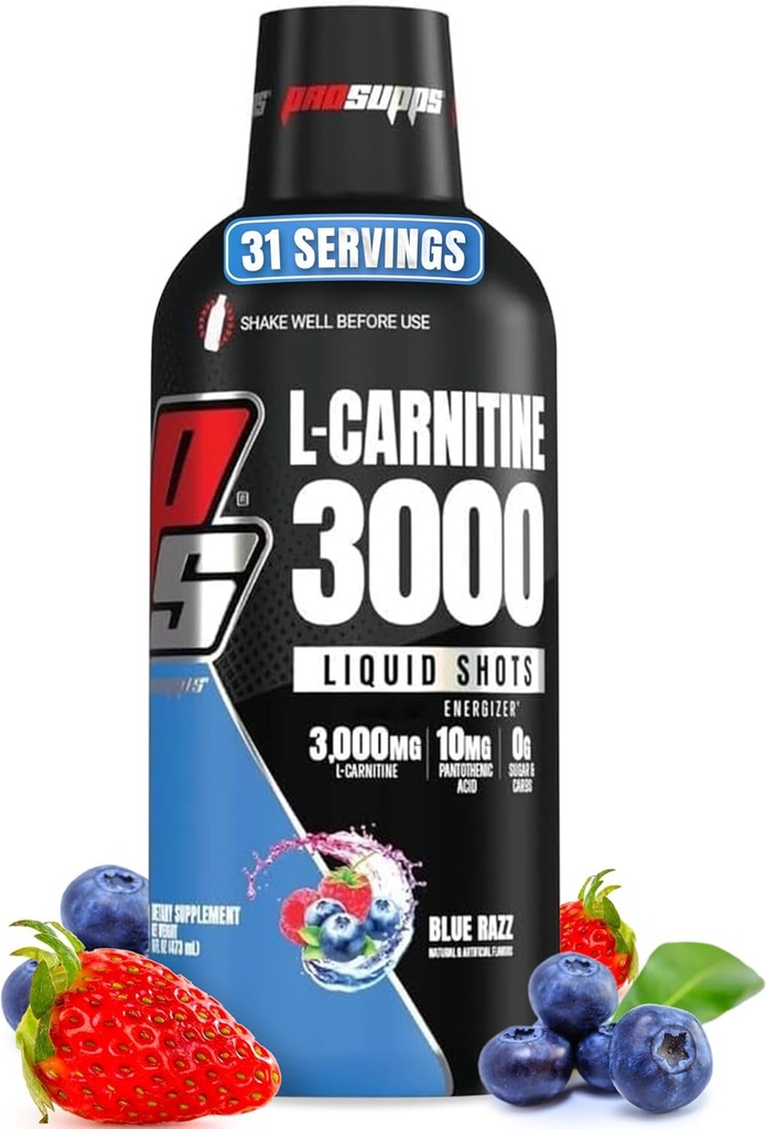 PROSUPPS L-Carnitine Liquid 3000, Simulant-Free Liquid Shots για άνδρες & γυναίκες - Καθαρισμός Ποτό προπόνησης για την ενέργεια, την απόδοση και την αποκατάσταση των μυών - Χωρίς ζάχαρη, χωρίς υδατάνθρακες - 31 Σερβιέτες, Blue Razz