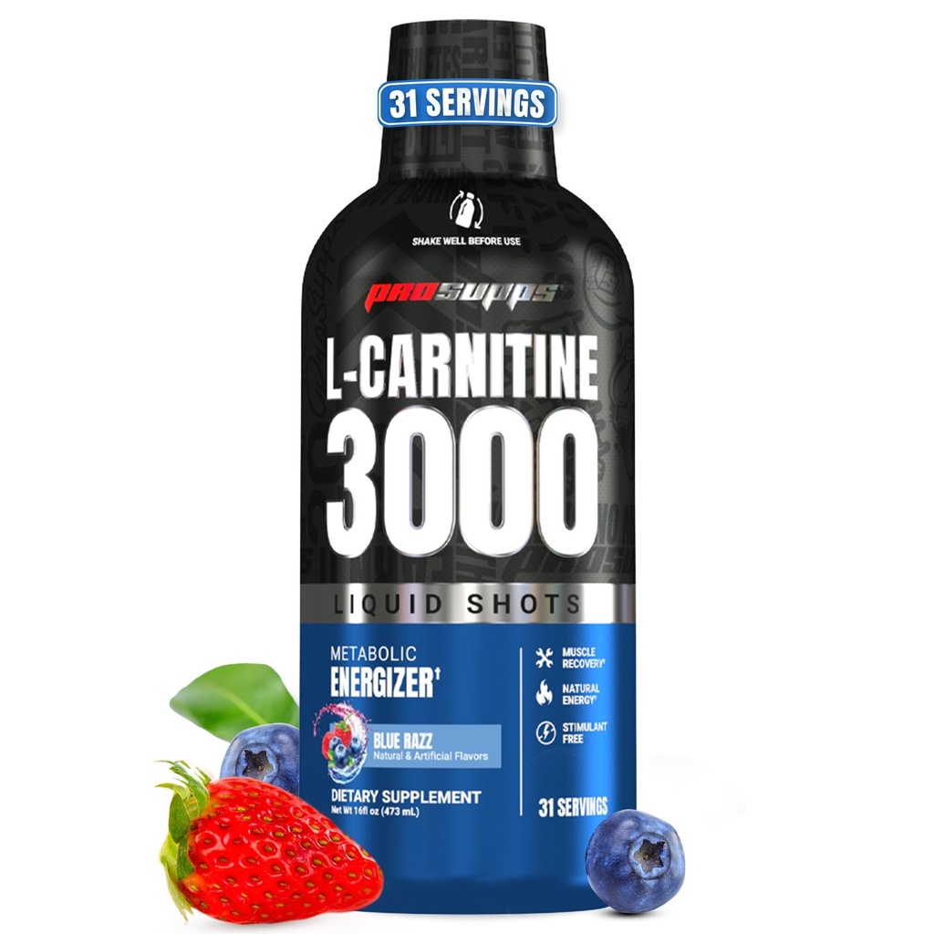 PROSUPPS L-Carnitine Liquid 3000, Simulant-Free Liquid Shots για άνδρες & γυναίκες - Καθαρισμός Ποτό προπόνησης για την ενέργεια, την απόδοση και την αποκατάσταση των μυών - Χωρίς ζάχαρη, χωρίς υδατάνθρακες - 31 Σερβιέτες, Blue Razz
