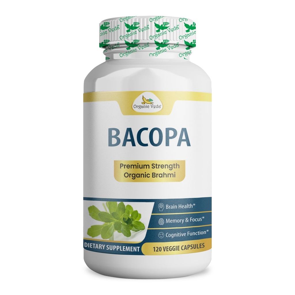 Organic Veda Bacopa Monnieri Brahmi Supplement – Whole Herb Organic Brahmi Powder Capsules for Memory, Focus & Brain Health Supplement for Adults, Men & Women - 120 Vegan Pills