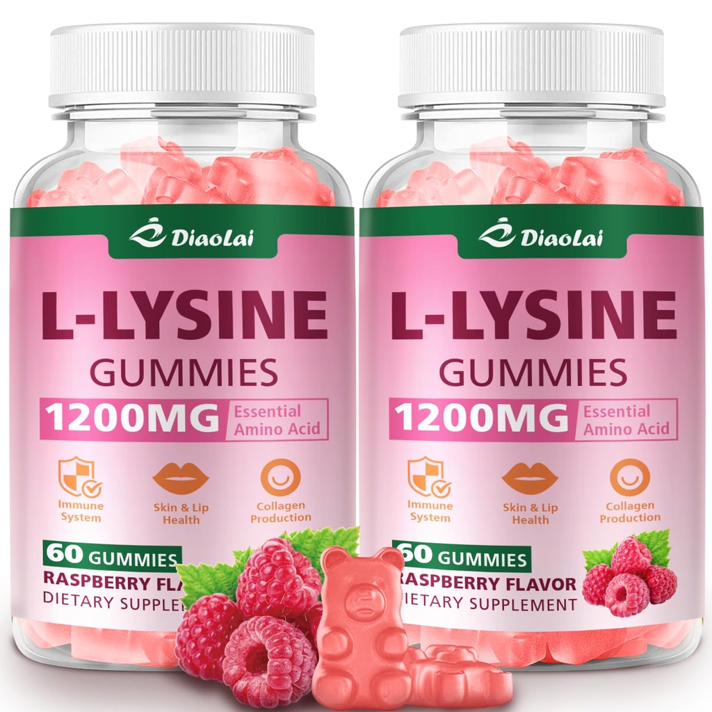 L-Lysine 1200mg Gummies, Chewable Lysine Supplement for Adults, Immune Support, Collagen Formation Support, Lip & Skin Health, Vegan, Raspberry Flavor, 120 Count