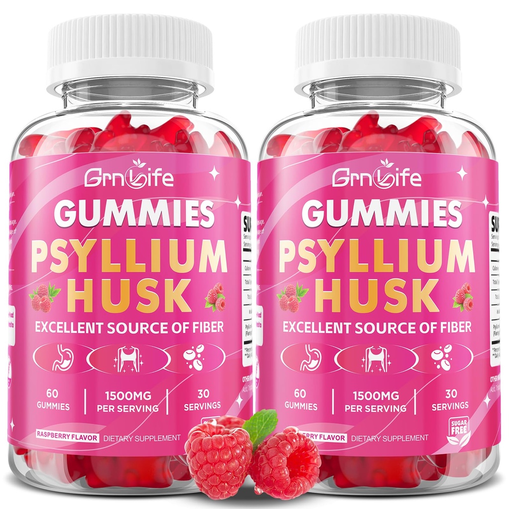 2 Pack Psyllium Gummies, 1500mg Psyllium Husk Supplement for Gut & Digestive Health, Regularity, Vegan, Sugar Free, Raspberry Flavor, 120 Count