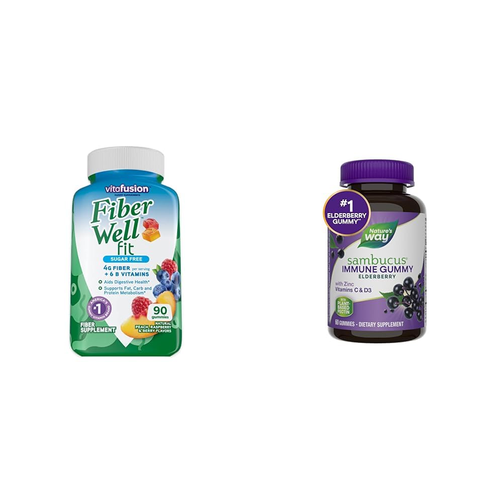 Vitafusion Fiber Well Fit Gummies Supplement, 90 Count (Packaging May Vary) & Nature's Way Sambucus Elderberry Immune Gummies, Daily Immune Support