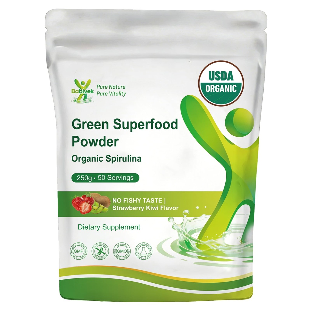 Super Greens Powder with Spirulina, Fiber for Digestive Health GMP | Strawberry Kiwi Flavor, USDA Organic, Vegan, Non-GMO, Gluten-Free, No Additives, Quick Dissolve Daily Nutrition Powder 8.8 oz