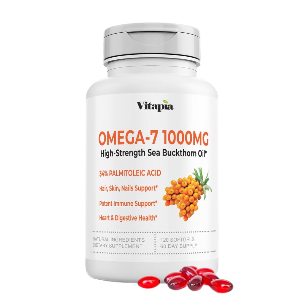 Vitapia Omega 7 Sea Buckthorn Berry Oil 1000mg για τα μαλλιά, το δέρμα, τα νύχια, την υποστήριξη για την υγεία της καρδιάς - 34% Palmitoleic Acid & Natural Omega 3 6 9 συμπλήρωμα λιπαρών οξέων - 120 κάψουλες, μη-GMO, χωρίς γλουτένη