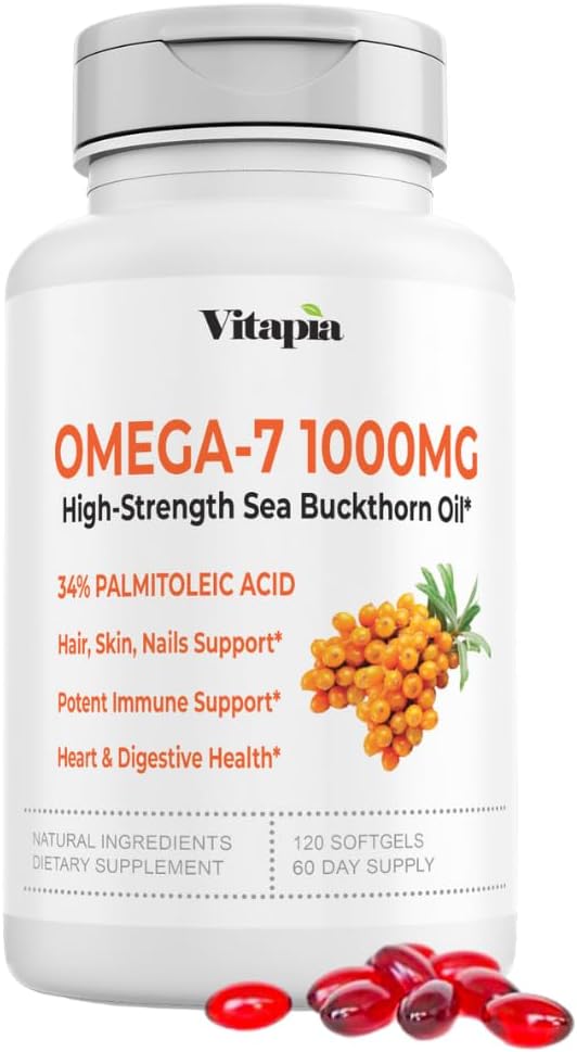 Vitapia Omega 7 Sea Buckthorn Berry Oil 1000mg για τα μαλλιά, το δέρμα, τα νύχια, την υποστήριξη για την υγεία της καρδιάς - 34% Palmitoleic Acid & Natural Omega 3 6 9 συμπλήρωμα λιπαρών οξέων - 120 κάψουλες, μη-GMO, χωρίς γλουτένη