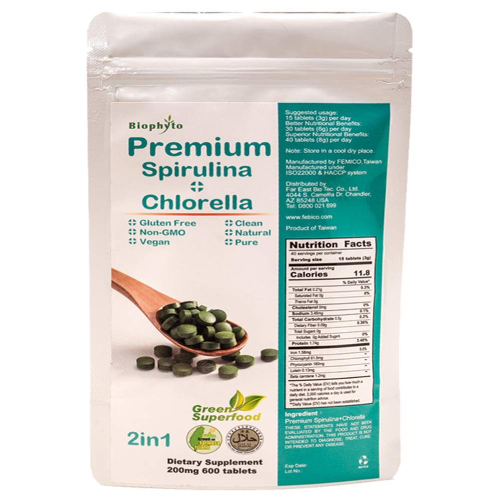 Chlorella Spirulina 2 in 1 Tablets- 600 Counts- Broken Cell Wall- 40 Days Supply- Vegan Protein- Non-GMO- Iron, B12, Chlorophyll, Phycocyanin, Zinc, Calcium- 100% Pure- Natural Energy -by Biophyto