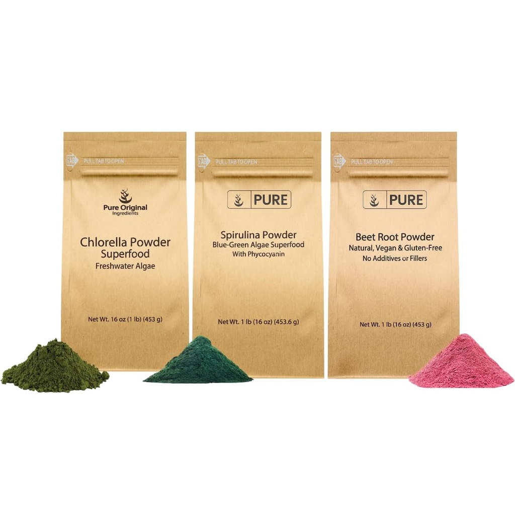 Pure Original Ingredients Beet Root, Spirulina, & Chlorella Powder Bundle (1lb), Non GMO, Herbal Supplements