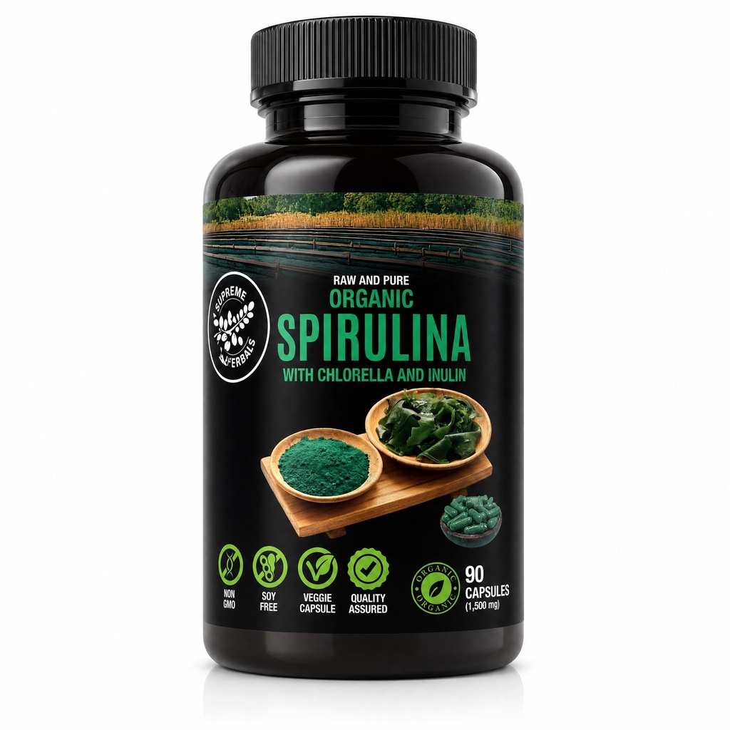 Organic Spirulina Capsules – 1,500 mg per Serving with 4% Spirulina Extract, Chlorella & Prebiotic Inulin – Green Superfood, Energy & Immune Support – 90 Veggie Capsules, Non-GMO