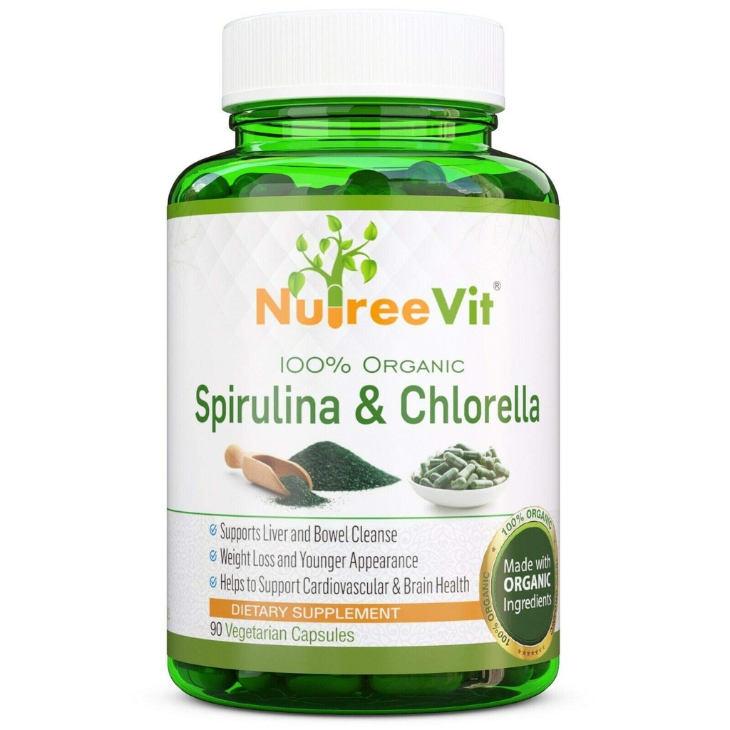 Pure Organic Spirulina & Chlorella Extract Veggie Capsules (500mg) (500-Bottle)
