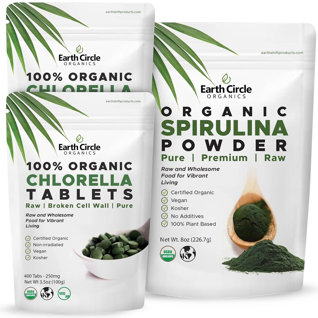 Earth Circle Organics Chlorella 400 Tablets (Pack of 2) and Spirulina Powder 8oz Bundle High Potency Vegan Superfood Supplement Packed with Protein Vitamins & Minerals for Daily Energy and Health