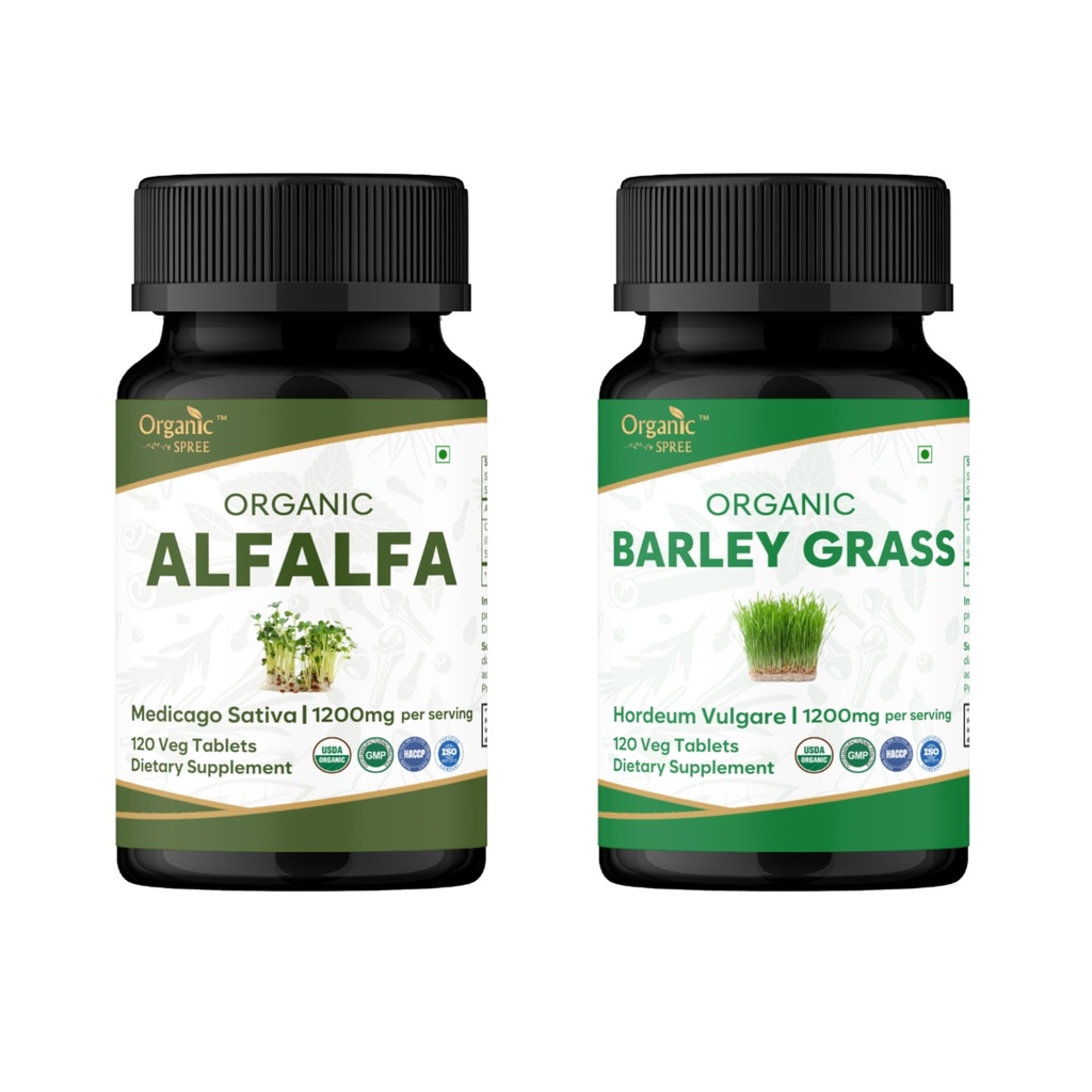 ORGANIC SPREE Alfalfa & Barley Grass Supplement – 120 Tablets Each – USDA Organic Medicago Sativa & Hordeum Vulgare – Supports Detox and Immune Health*