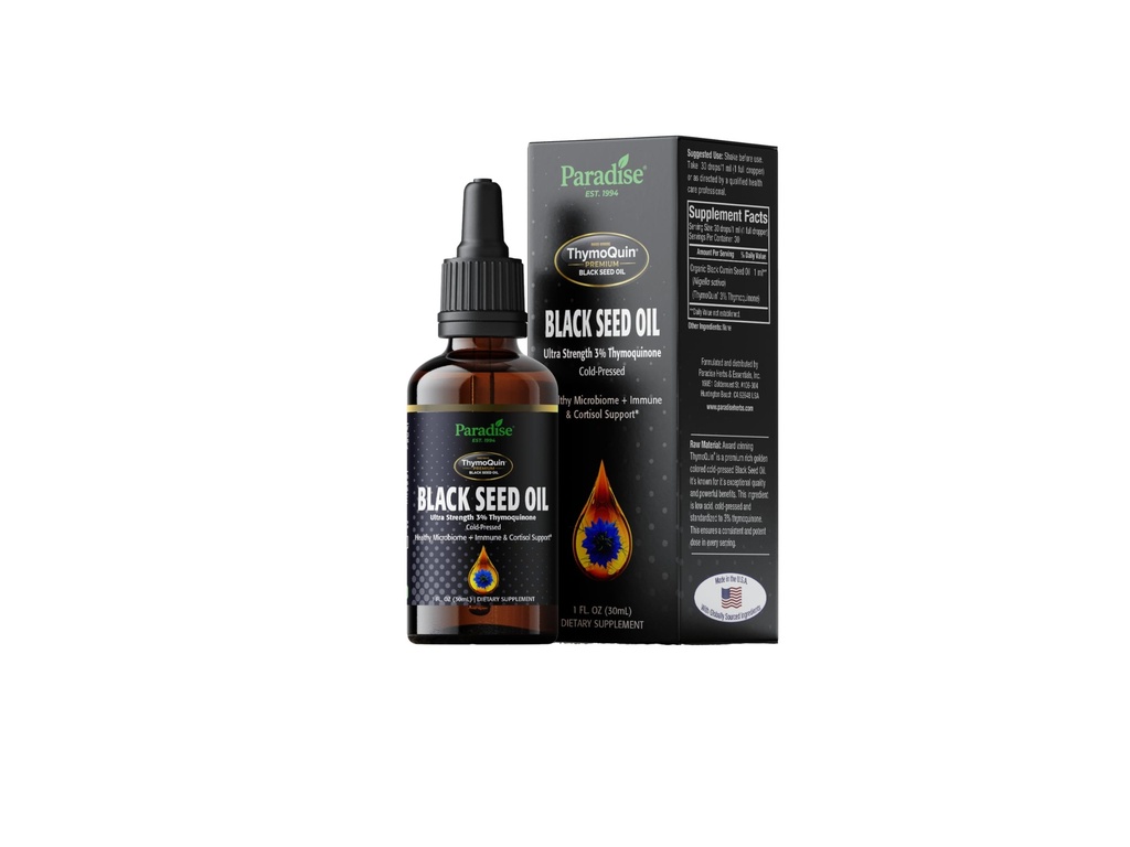 Paradise Herbs ThymoQuin Black Cumin Seed Oil Liquid, 30 Servings | Ultra-strength, cold pressed formula with 3% thymoquinone in a premium glass bottle dietary supplement.