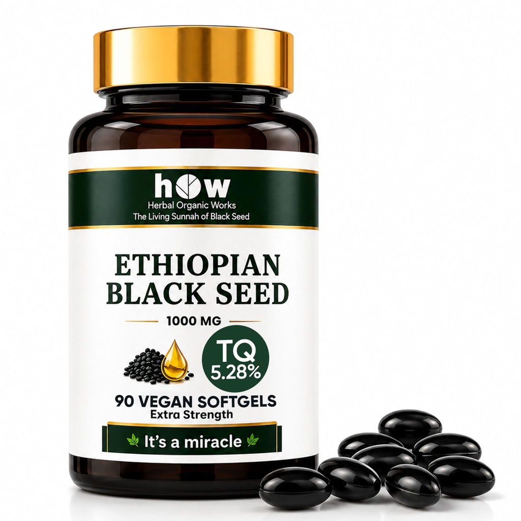 Ethiopian Black Seed Oil Softgels 1000mg 5.28% TQ Cold Pressed 90 Ct | 5.28% High Thymoquinone (TQ) – Standardized high-potency black seed oil with naturally occurring active compounds