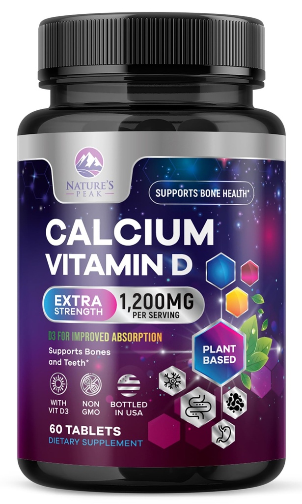 Ασβέστιο 1200 mg με Βιταμίνη D3, Συμπλήρωμα ασβεστίου Βιταμίνες, Οστά, Δόντια & Ανοσοποιητική Υγεία Υποστήριξη, Συμπληρώματα ασβεστίου με D για γυναίκες & άνδρες, Απορροφήσιμο Ασβέστιο Ανθρακικό - 60 δισκία