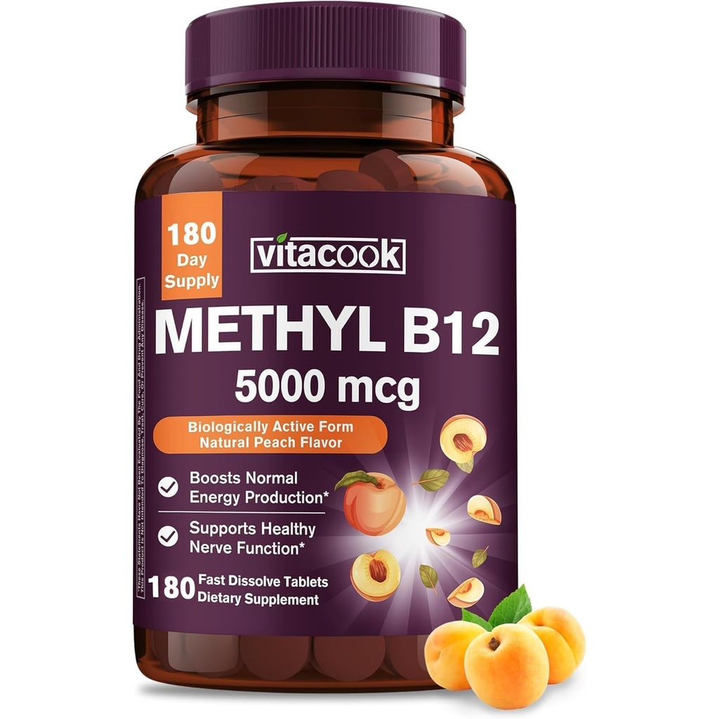 Vitamin B12 Sublingual, Methylcobalamin 5000mcg for Energy Production | Energy, Nerve & Cell Support, Natural Peach Flavor, Vegan, Zero Sugar, 180 Fast Dissolve Tablets