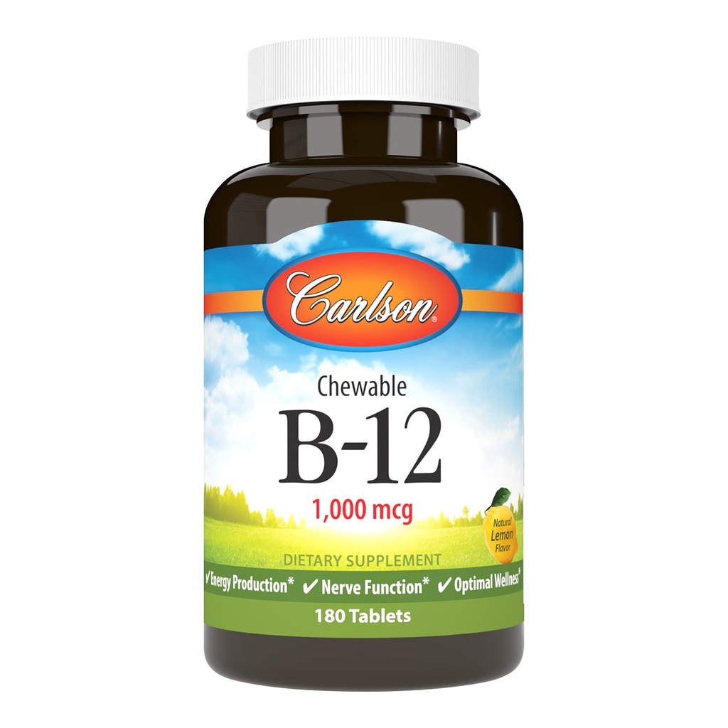 Carlson Chewable B-12, 1000 mcg, Vitamin B12, Lemon, 180 Chewable Tablets | Energy Production; Optimal Wellness
