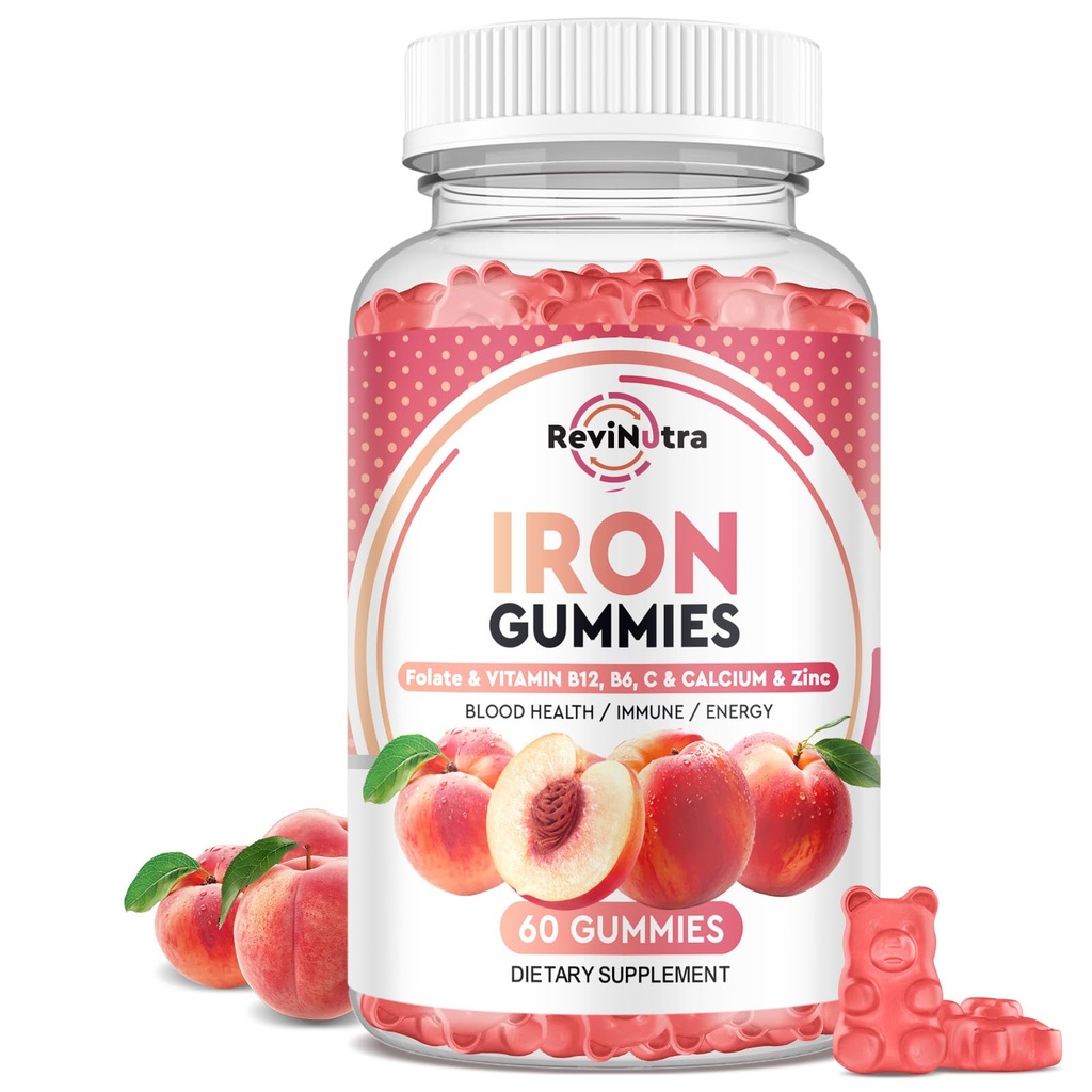Iron Gummies with Zinc, Calcium, Vitamin C, B6 & B12 | Iron Supplement for Women, Men & Kids | Supports Anemia & Deficiency, Blood Builder & Cell Formation | Chewable Peach Flavor, 60 Gummies