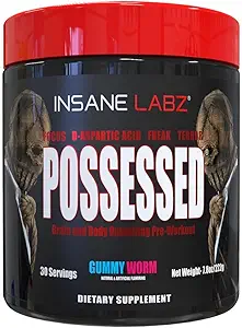 Insane Labz Possessed Low Stimulant Testosterone Boosting Pre Workout Powder, Loaded with D Aspartic Acid and Creatine Fueled by AMPiberry and OXYgold, 30 Srvgs, Gummy Worm