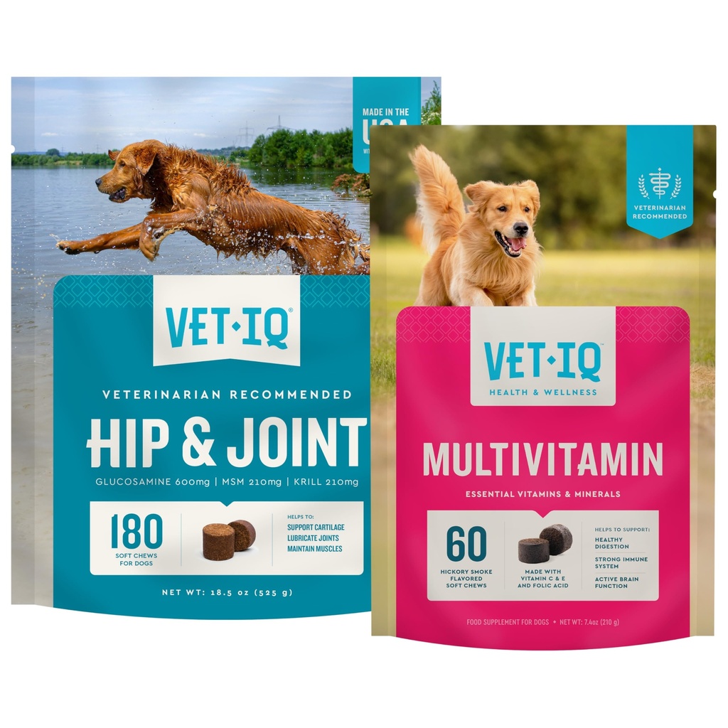 VetIQ Glucosamine Hip & Joint Supplement for Dogs, 180 Soft Chews + VetIQ Multivitamin Supplement for Dogs, 60 Count, Dog Supplements Made in The USA