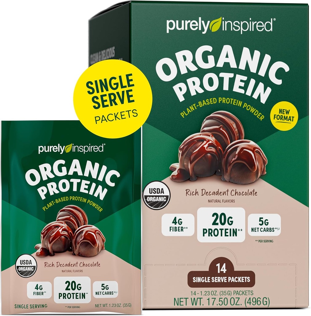 Purely Inspired Organic Protein Powder, 14 Single Serve Packets, Rich Decadent Chocolate - 20g of Plant-Based Protein Powder for Smoothies & Shakes - Dairy-Free, Non-GMO - for Men & Women