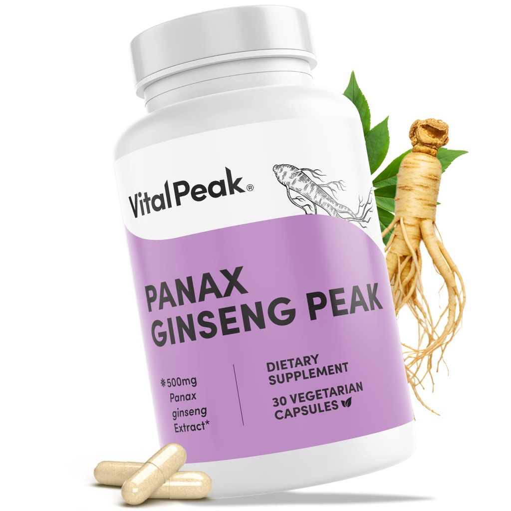 Vital Peak® Panax Ginseng Peak 500 mg - Supports Mental Clarity, Energy & Focus - Panax Ginseng Steam & Leaf Extract Supplement for Women & Men - Vegan, Gluten Free, Dairy Free, Non-GMO - 30 Capsules