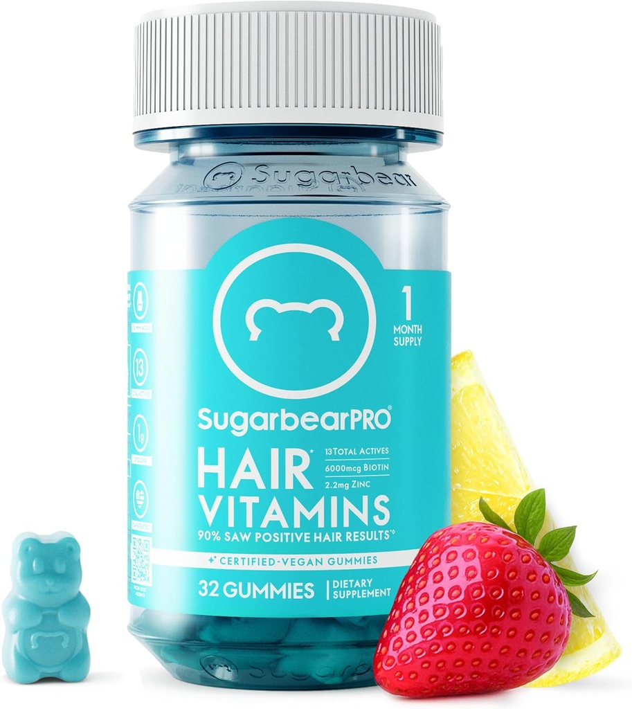 SugarBearPro Βιταμίνη μαλλιών Gummy 1 μήνα προσφοράς, επιπλέον δύναμη Biotin 6000mcg για την ανάπτυξη των μαλλιών, Vegan Βιταμίνη B12, MSM, Ινοσιτόλη, Ωμέγα 3, Elderberry, Certified Kosher, Halal, Σκληρό δωρεάν